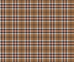 Plaid pattern, brown, orange, black, white, seamless for textiles, and for designing clothing, skirts, pants or decorative fabric. Vector illustration.