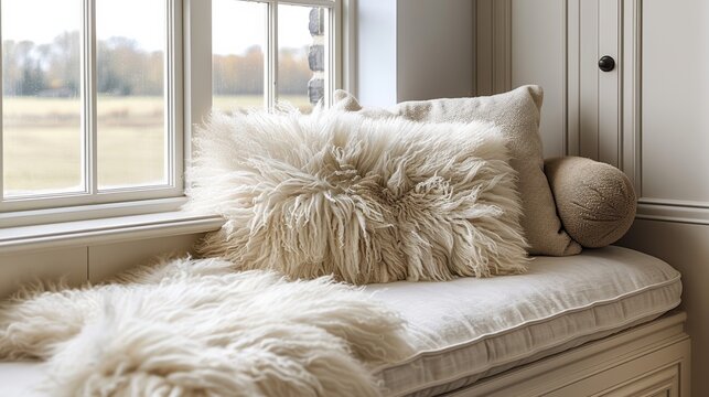 A fluffy pillow resting on a window seat with a beautiful view