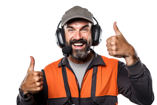 Excited truck driver with a headset on Isolated on white background