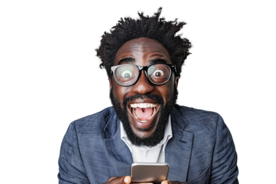 A young man in business attire plays a handheld video game against a white background - Powered by Adobe