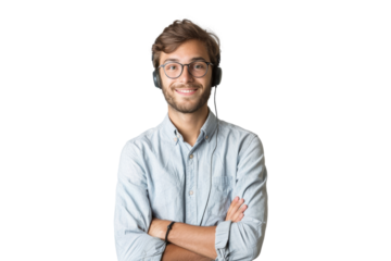 Enthusiastic young male customer service worker with crossed arms and headset, isolated on white background