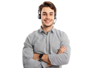 Enthusiastic young male customer service worker with crossed arms and headset, isolated on white background