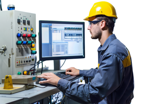 Engineer monitoring production process on a computer Isolated on white background