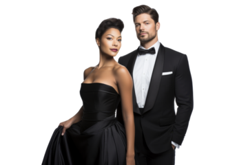 Elegant multiethnic couple dressed for a night out Isolated on white background