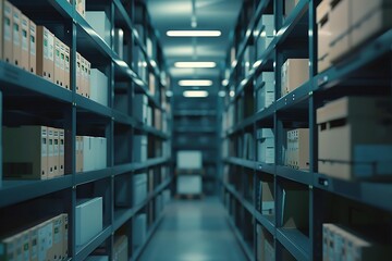 3D Rendering of a Warehouse Aisle with Shelves Filled with Boxes