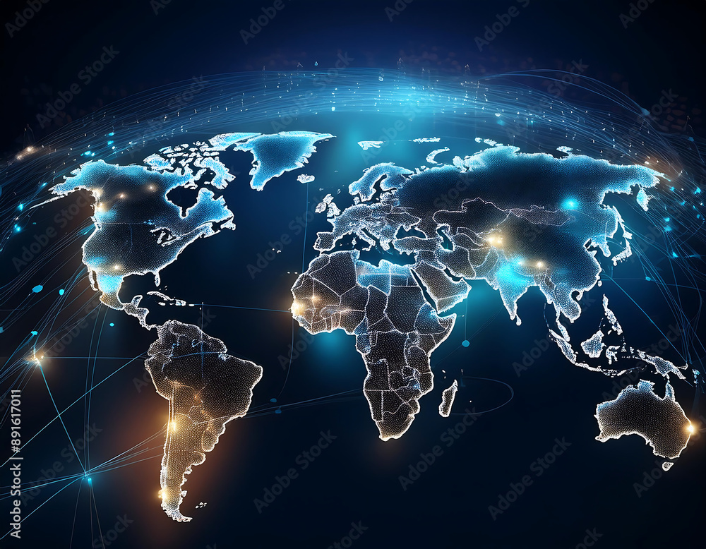 Poster abstract world map representing global connectivity data transfer