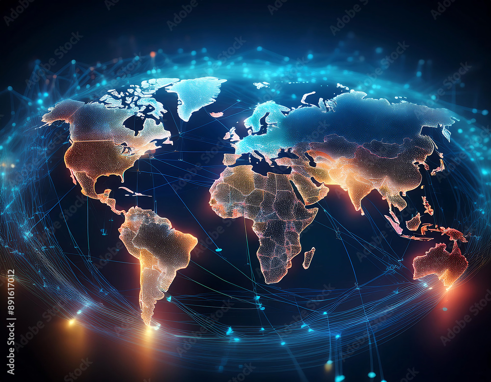 Poster abstract world map representing global connectivity data transfer