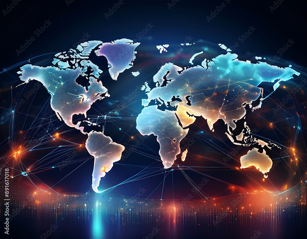 Poster abstract world map representing global connectivity data transfer