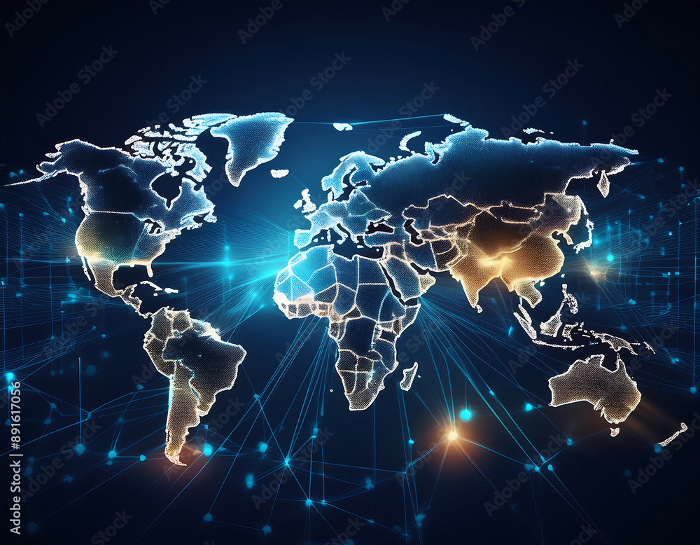 Poster abstract world map representing global connectivity data transfer