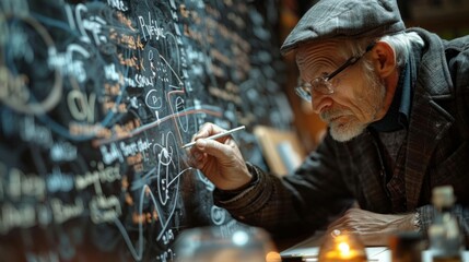 Elderly man researching complex formulas on a chalkboard. The image captures a moment of deep concentration. Ideal for educational and scientific content. Retro style photograph. AI