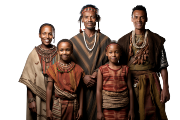 Daine Tribe family in traditional attire smiling isolated on white background