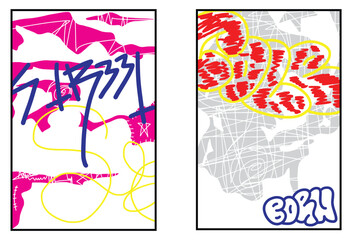 Graffiti poster or flyer design templates with colorful tags, grunge, scribblers and throw-up. Hand-drawn abstract graffiti vector designs