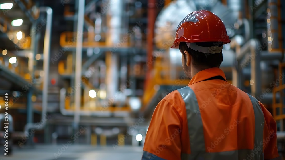 Poster industrial worker in a red hard hat standing in a factory setting - realistic image