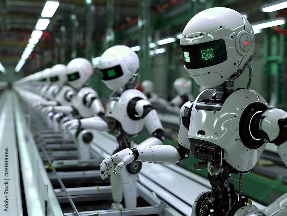 Aufkleber 3d render of white robots working on a conveyor belt in a factory - 3d illustration