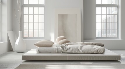 A minimalist bedroom with a low platform bed
