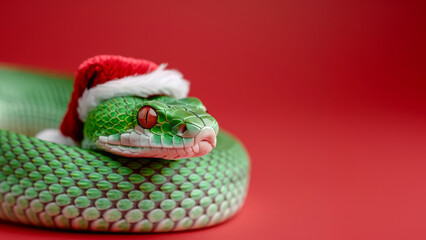 Poster with green snake wearing red Santa Claus hat on red festive background with concept for congratulations and symbol of Chinese new year 2024