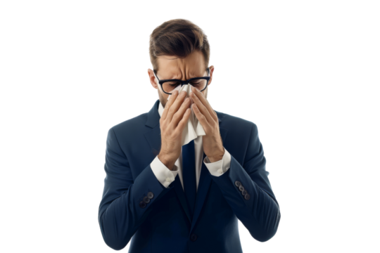 Corporate employee with flu symptoms blowing nose isolated on white background