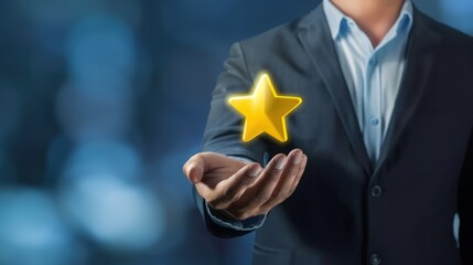 Businessman holding yellow star icon showing satisfaction with feedback received, positive evaluation, customer rating concept