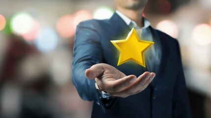 Businessman holding yellow star icon showing satisfaction and feedback concept, positive customer review, positive feedback