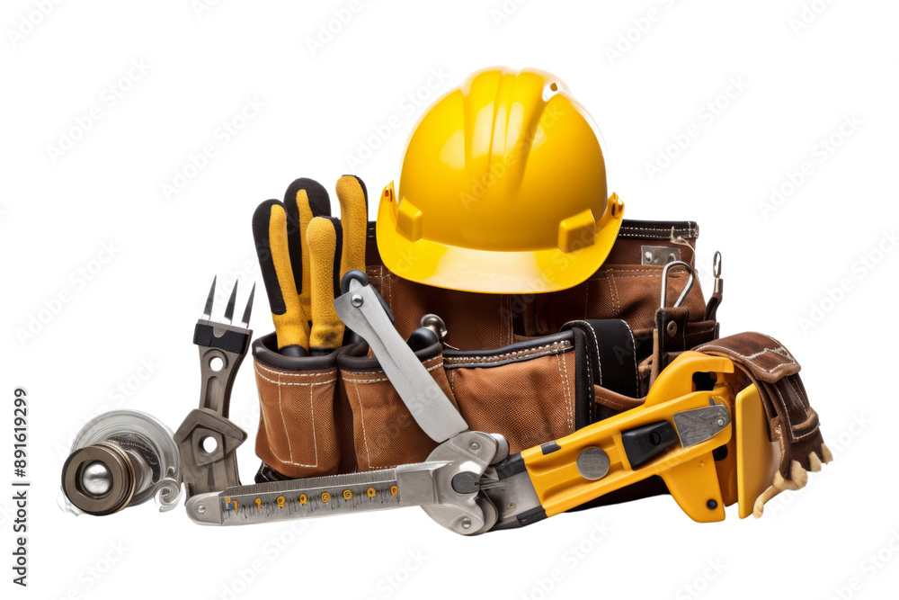 Wall mural construction worker with safety helmet and tool belt holding wrench isolated on white background