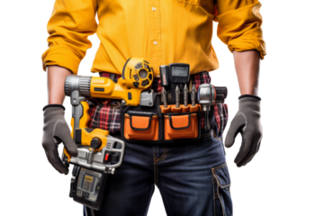 Construction worker with safety helmet and tool belt holding drill Isolated on white background