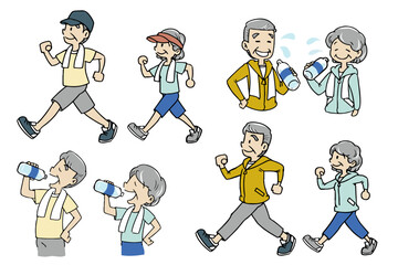 シニアの男女_夫婦でウォーキングと水分補給をするイラスト