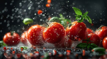 tomatoes falling on a black background, salad pieces flying off and flying around 