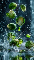 brussels sprouts flying through the air with a splash