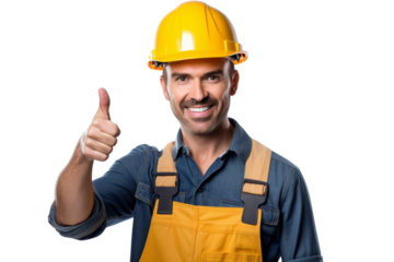 Construction worker with safety helmet and tool belt giving thumbs up Isolated on white background