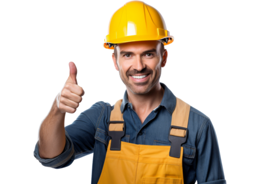 Construction worker with safety helmet and tool belt giving thumbs up Isolated on white background
