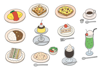 喫茶店の食べ物イラストセット手描き