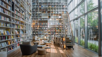 A modern library with floor-to-ceiling bookshelves