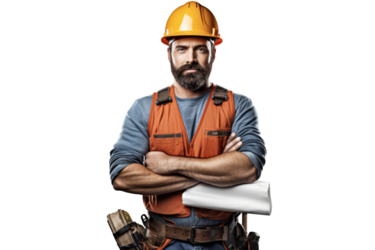 Construction worker with safety helmet and tool belt showing blueprint Isolated on white background