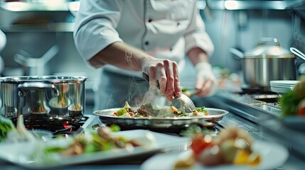 Close-up of a chef preparing a meal with fresh vegetables and herbs in a professional kitchen, highlighting culinary expertise..