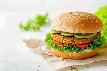 A veggie burger with a bean patty, lettuce, tomato, avocado, and sesame seed bun.