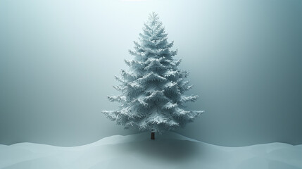 Naklejka premium A single pine tree stands covered in frost, creating a serene winter scene. The tree's branches are heavily laden with snow, against a soft gradient blue background.