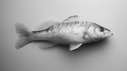 Obraz premium A minimalist black and white flat lay shot of a detailed fish. The intricate scales and fins are highlighted against a plain background, showcasing the beauty and simplicity of marine life.