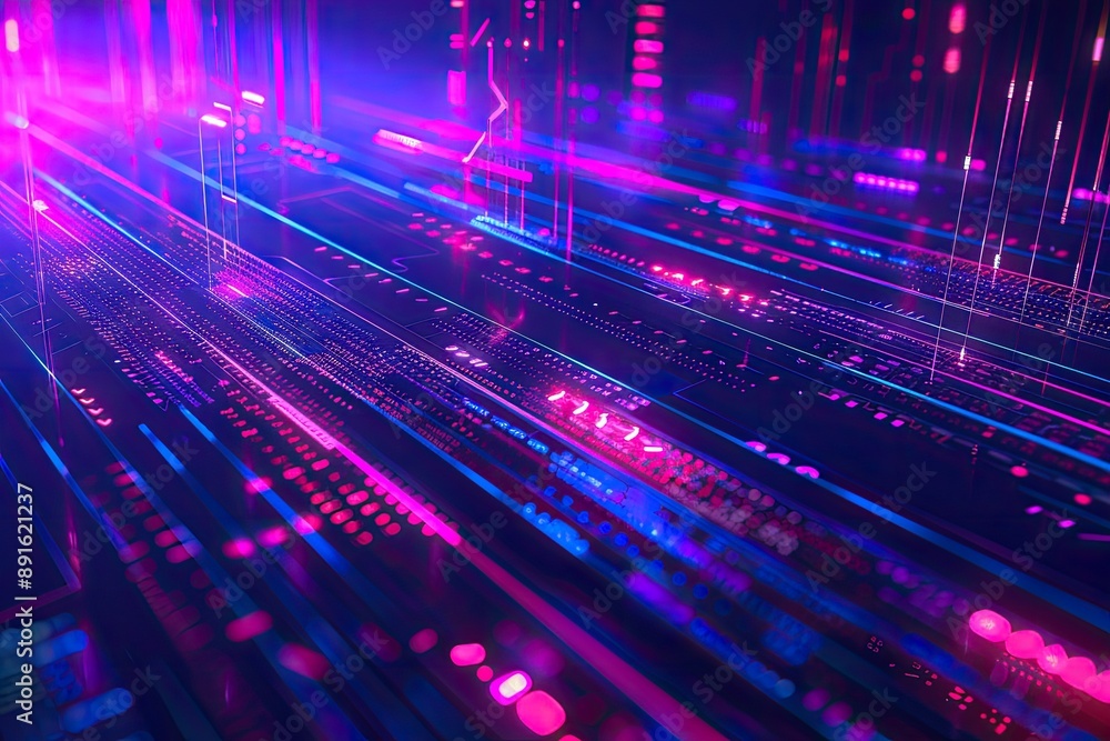 Poster vibrant abstract digital light trails creating a futuristic and dynamic display with pink and blue h