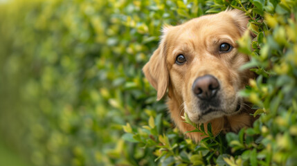 Dog peering into hedge