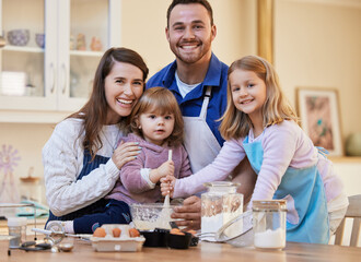 Baking, kitchen and portrait of parents with children for bonding, learning and fun together in home. Family, breakfast and mom, dad and girls mix ingredients for cupcake, pancakes and sweet treats