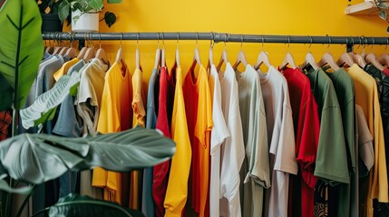 A vibrant assortment of tropical-themed shirts hanging in a clothing store, surrounded by greenery, showcasing a lively and exotic fashion collection..