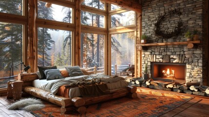 A rustic bedroom with a log bed frame