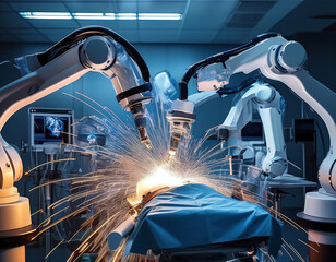 robotic arms performing precise medical operation futuristic setting