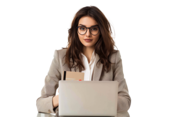 Confident businesswoman shopping online with credit card and laptop Isolated on white background