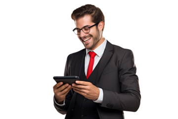 A cheerful man in business attire engages in a handheld video game isolated on a white background