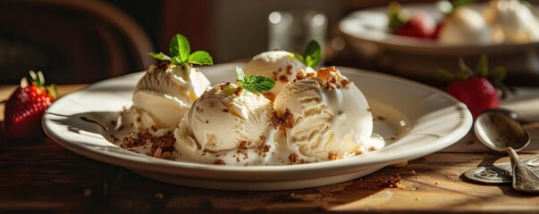 Artistic shot of dairy ice cream scoops with fruit and mint, white plate, ample copy space, soft focus, warm lighting