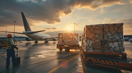 Cargo being loaded onto an airplane at an airport during sunset, with a worker overseeing the process..