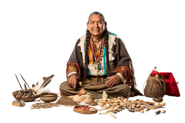 Choctaw storyteller with props, isolated on white background