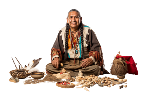 Choctaw storyteller with props, isolated on white background