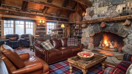 A rustic log cabin living room with a stone fireplace